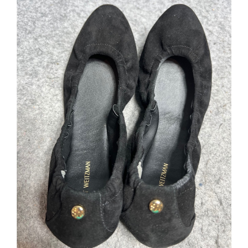 Stuart Weitzman Black Suede Ballet Flats Gold Logo Stud Round Toe Womens 8